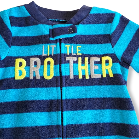 Carter's Boys "Little Brother" Zip Up Striped Fleece Footed Pajamas 6-9 Months - Picture 2 of 6